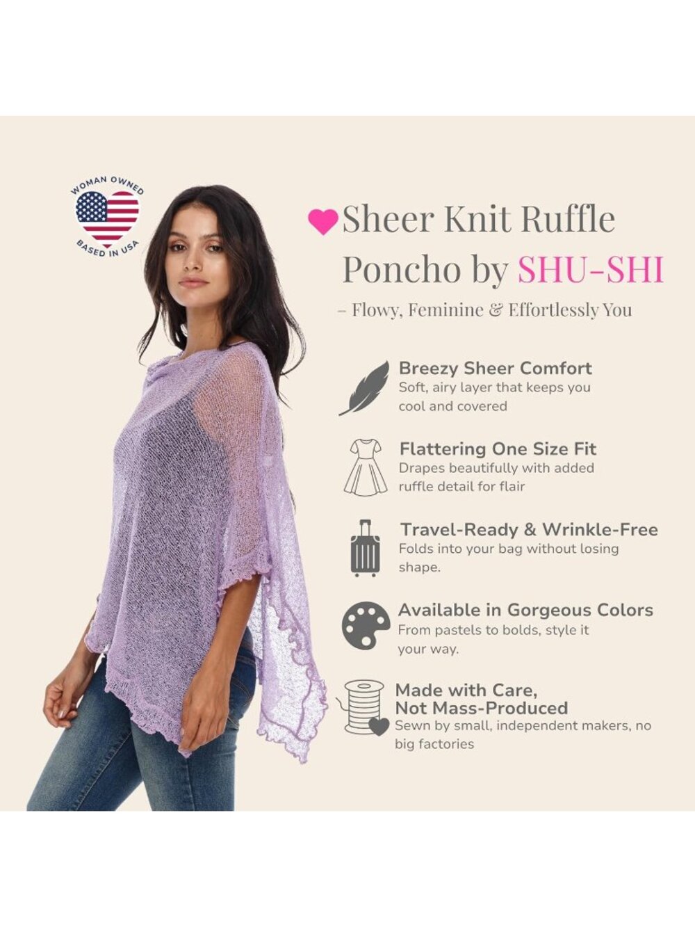 Women’s Lavender Sheer Knit Poncho Shrug Lightweight Asymmetrical Ruffle Wraps - Picture 3 of 6